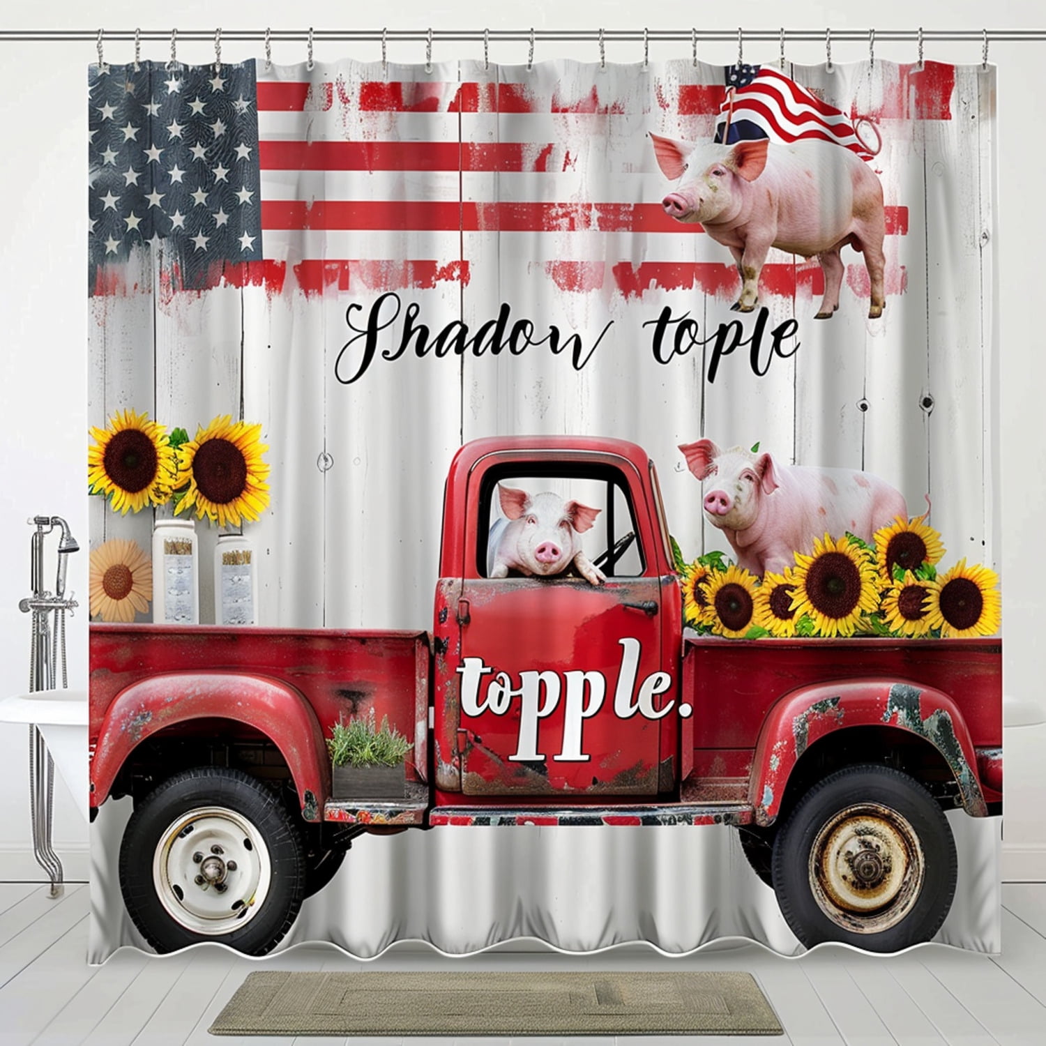 Farmhouse Decor Shower Curtain with Clarity Theme Red Truck American