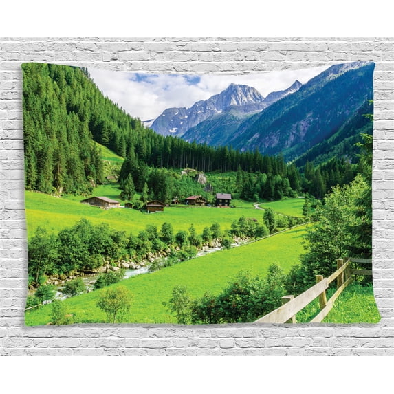 Farmhouse Decor Tapestry, Alpine Landscape with Meadow Cottages and Pines Stream in Village View, Wall Hanging for Bedroom Living Room Dorm Decor, 60W X 40L Inches, Green White, by Ambesonne