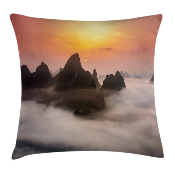 Farmhouse Decor Throw Pillow Cushion Cover, Chinese Mountains with Mist Clouds Horizon Sunset Dreamy Surreal Picture, Decorative Square Accent Pillow Case, 24 X 24 Inches, Orange Brown, by Ambesonne