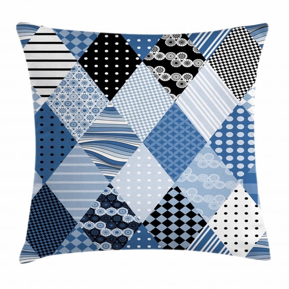 Farmhouse Decor Throw Pillow Cushion Cover, Geometric Diamond Shaped Lines with Various Nostalgic Fashioned Old Pattern, Decorative Square Accent Pillow Case, 18 X 18 Inches, Blue Black, by Ambesonne