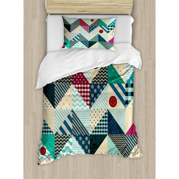Farmhouse Decor Twin Size Duvet Cover Set, Chevron Patchwork with Vintage Stylized Line and Retro Button Forms Kitsch Artsy, Decorative 2 Piece Bedding Set with 1 Pillow Sham, Multi, by Ambesonne