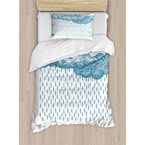 Farmhouse Decor Twin Size Duvet Cover Set, Funk Style Cute Cloud Forms Made with Spiral Lines Twister Cyclone Drawing Print, Decorative 2 Piece Bedding Set with 1 Pillow Sham, Blue, by Ambesonne