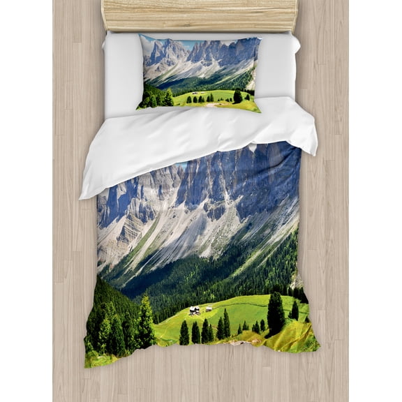 Farmhouse Decor Twin Size Duvet Cover Set, Winding Path into Pine Tree Forest Meadows and Mountain Scenery Print, Decorative 2 Piece Bedding Set with 1 Pillow Sham, Green White Blue, by Ambesonne