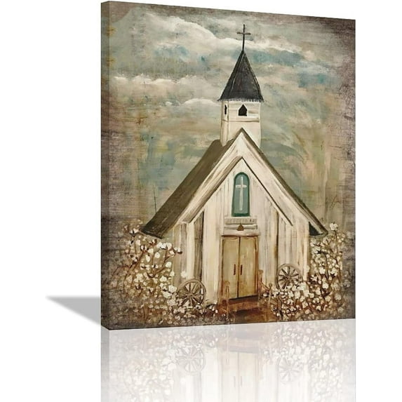 Farmhouse Decor Wall Art Country Church Pictures Christian Religious Faith Framed Artwork Rustic Canvas Prints Painting Vintage Cotton Encircled Church Poster for Church Living Room Bedroom 12"x16"