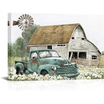Farmhouse Decor Wall Art Pictures- Old Barn Windmill Teal Car Canvas Arts Rustic Country Landscape Painting Picture Wall Decor Framed (Teal blue)