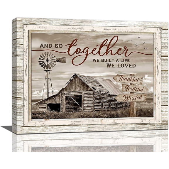 Farmhouse Decor Wall Art Rustic Old Barn Pictures Painting Western Country Windmill Canvas Prints Thankful Grateful Blessed Morden Artwork Home Decoration for Bathroom Bedroom Living Room 16''x12''