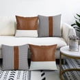 thumbnail image 1 of Farmhouse Decoration Pillow Covers 18x18 inch Set of 4 Modern Faux Leather and Ticking Stripe Boho Indoor Decor for Couch Sofa, 1 of 4
