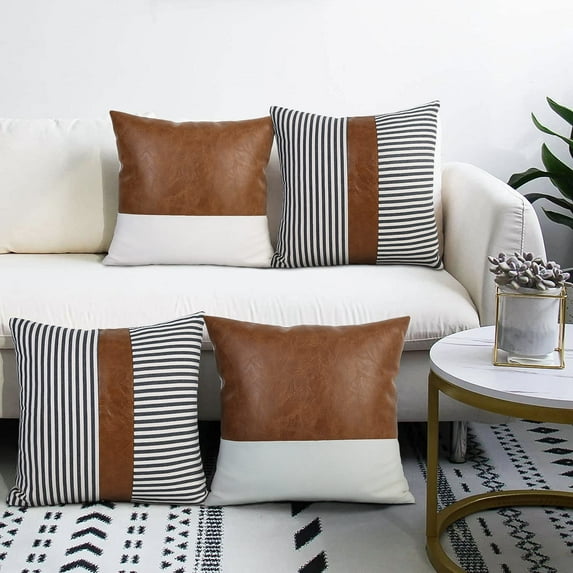 Farmhouse Decoration Pillow Covers 18x18 inch Set of 4 Modern Faux Leather and Ticking Stripe Boho Indoor Decor for Couch Sofa