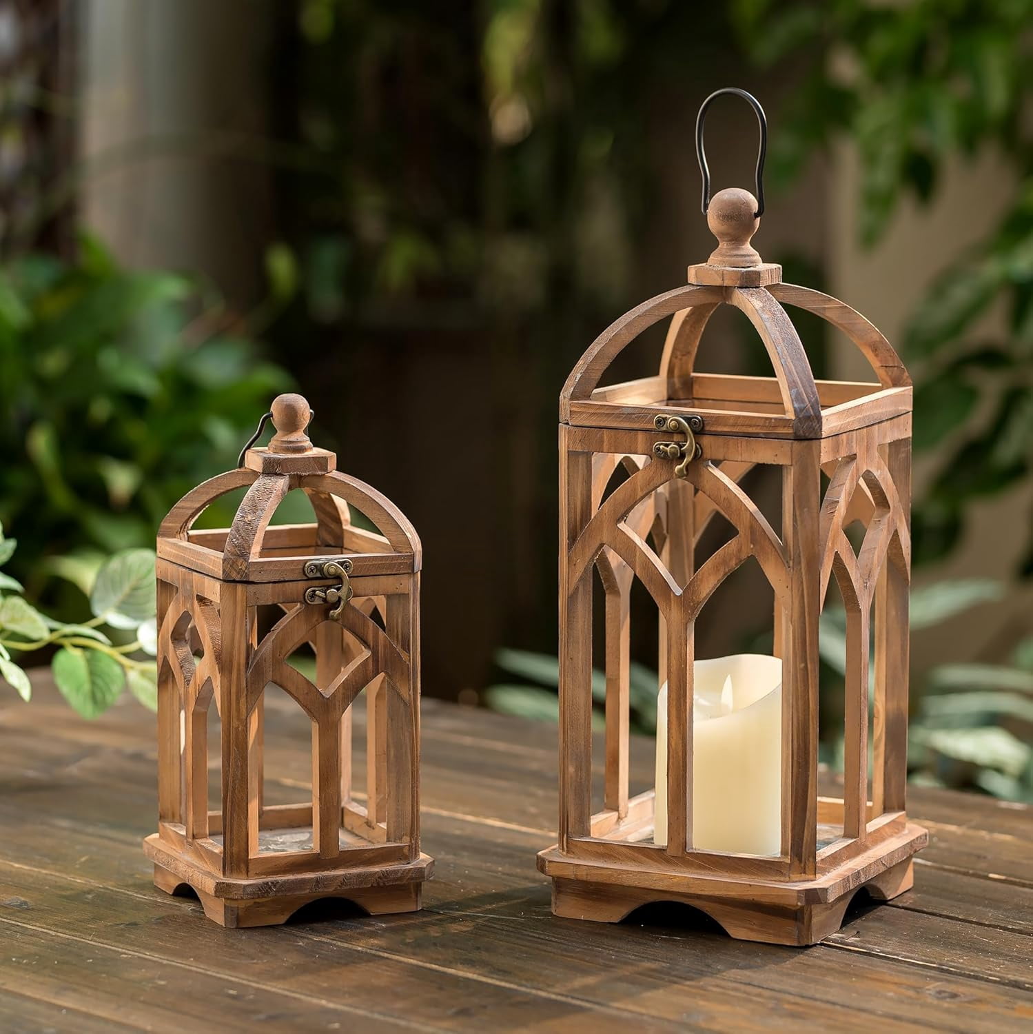 Farmhouse Decorative Candle Lanterns Set of 2, Indoor Rustic Wooden Candle Holder for Table Centerpiece Fireplace Mantle, 11" & 15" Hanging Home Decor for LED & Real Candles, Whitewashed