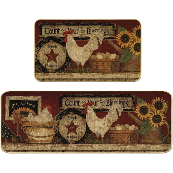 Farmhouse Decorative Kitchen Rugs and Mats Set of 2, Farm Rooster Non-Slip Kitchen Mats,Seasonal Holiday Party Sets Washable Low-Profile Floor Mats - 17x29 and 17x47 Inch