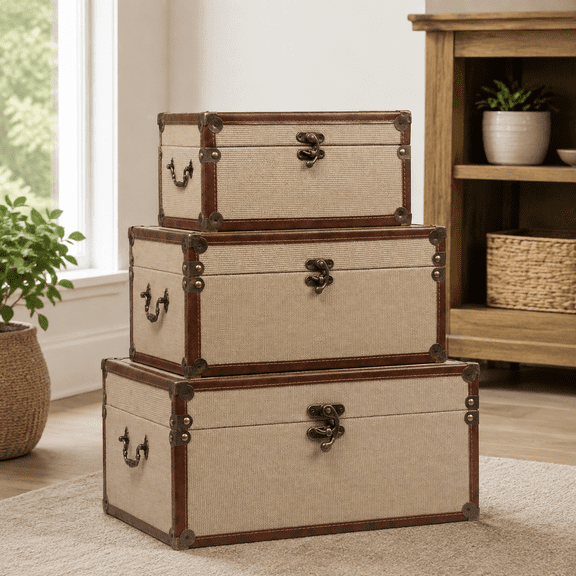 Farmhouse Decorative Storage Trunks Set of 3 Linen and Wood Boho Vintage Boxes with Metal Handles and Clasp, Rustic Wooden Keepsake Chests for Living Room, Entryway & Bedroom Organization