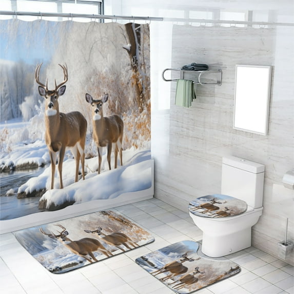Farmhouse Deer 4 Pcs Bathroom Sets Vintage Country Winter Forest Wildlife 4 Pcs Shower Curtain Sets Non-Slip Bath Rugs, Toilet Cover, U-Shaped Mat