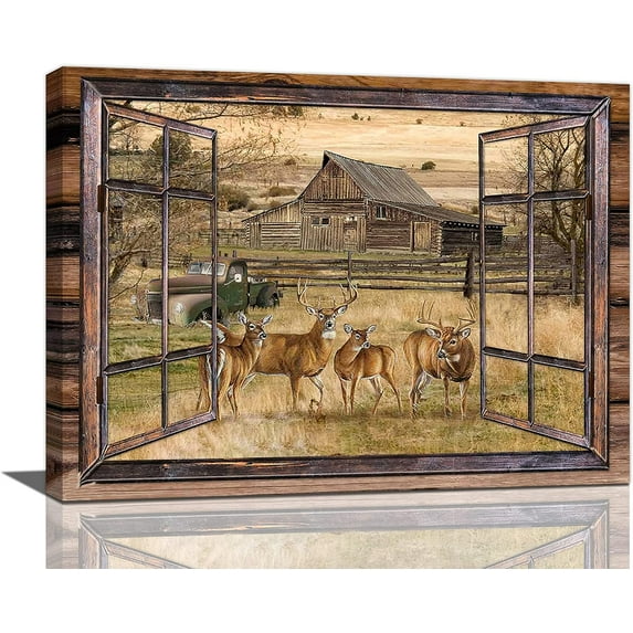 Farmhouse Deer Canvas Wall Art Country Wildlife Elk Rustic Old Barn Truck Wall Decor Vintage Deer Painting Picture Prints Framed Modern Artwork for Home Living Room Bedroom Bathroom 16"x12"