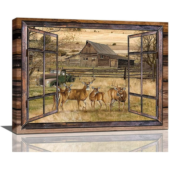 Farmhouse Deer Canvas Wall Art Country Wildlife Elk Rustic Old Barn Truck Wall Decor Vintage Deer Painting Picture Prints Framed Modern Artwork for Home Living Room Bedroom Bathroom 16"x12"