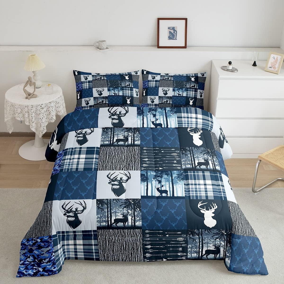Farmhouse Deer Elk Comforter Set for Teens Youth,Rustic Moose Sketch
