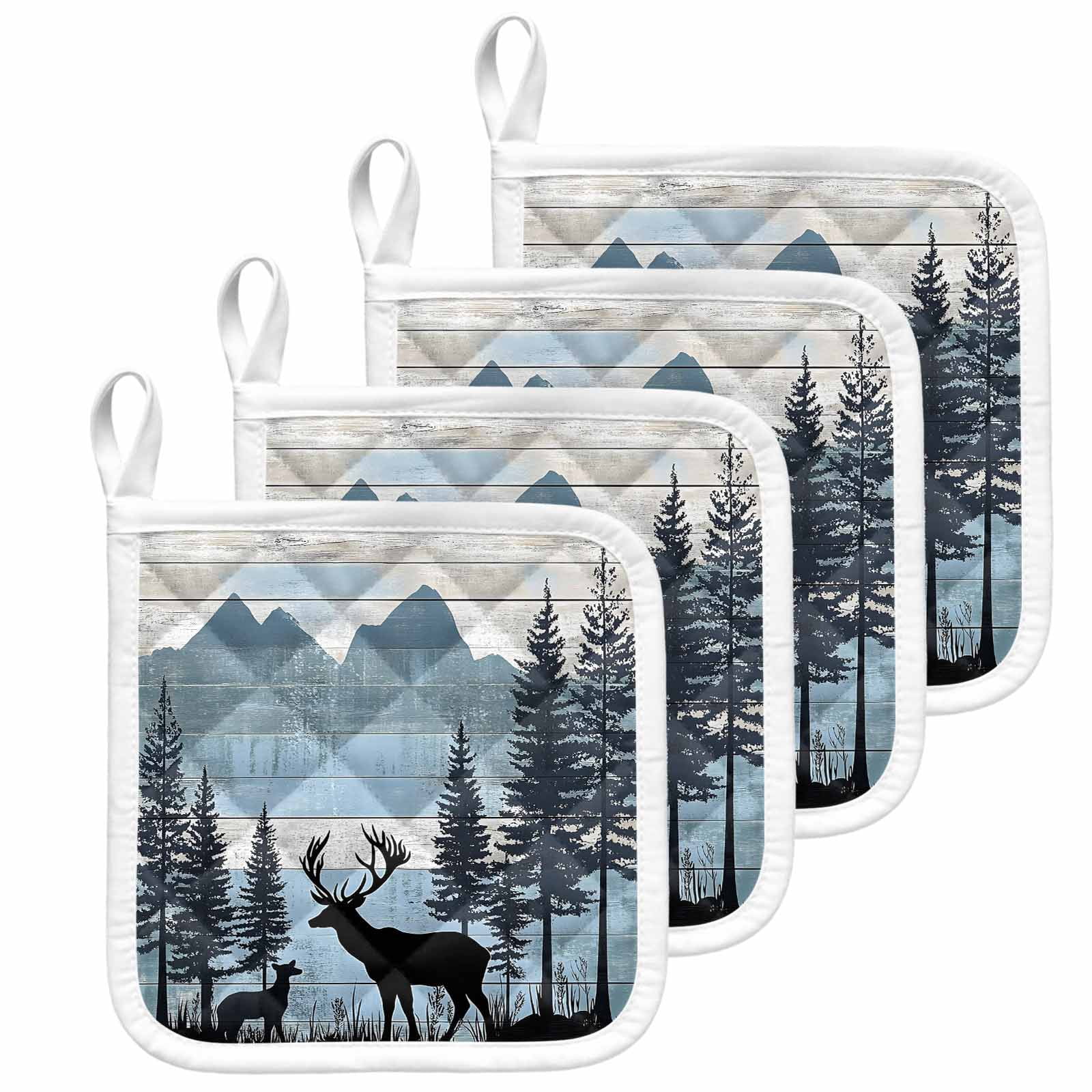 Farmhouse Deer Pot Holders for Kitchen Heatproof Potholder, 4 Pack Vintage Country Forest Mountain Wooden Hot Pads Multipurpose Oven Pads Cloth Potholders Trivet for Cooking and Baking