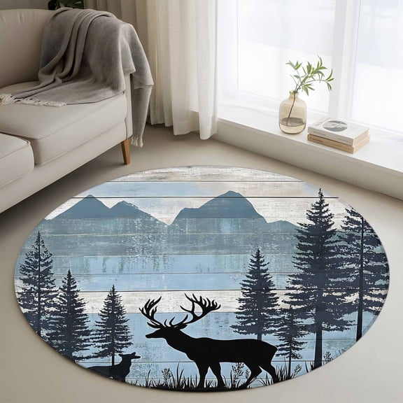 Farmhouse Deer Round Area Rug 3 FT, Small Kitchen Bathroom Mats, Vintage Country Forest Mountain Wooden Washable Indoor Outdoor Throw Runner Carpet Non-Shedding Doormat for Table Shower Sofa Entryway