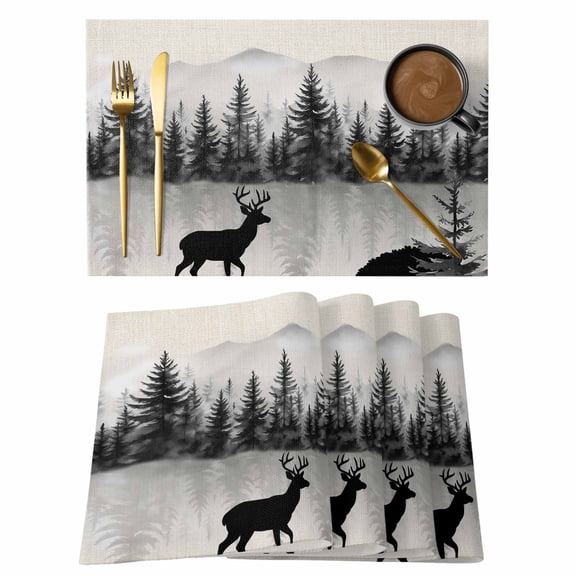 Farmhouse Deer Sihouette Placemats Set of 6,Wipeable Washable Table Mats for Dining Tables, Forest Tree Mountain on Linen Place Mats for Kitchen Event Party Tabletop Decor