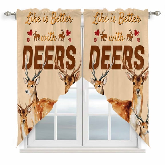 Farmhouse Deer Swag Valances for Windows, Kitchen Curtains 36 Inch Length 2 Panels Set, Wildlife Elk Animals Rustic Orange Short Curtains for Small Windows Rod Pocket Cafe Curtains Drapes 28"x36"