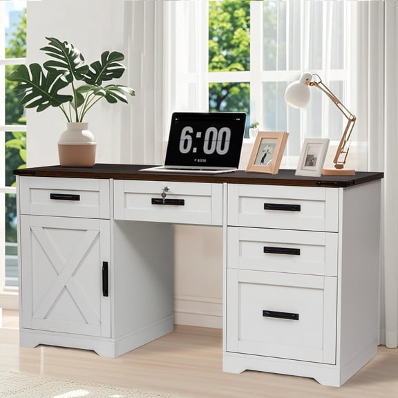 Farmhouse Desk, 60" Home Office Desk with 5 Drawers and Charging Station, Adjustable Shelf, Wooden Computer desks for Home Office Work Study Writing, Brown Top and Lock, White