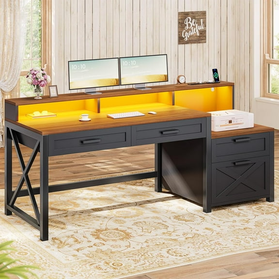 Farmhouse Desk with Power Outlets, 55" Computer Desk with Drawers & Monitor Stand, Corner Desk with Printer Stand & LED Lights, Black Desk Writing Desk Study Table for Small Space