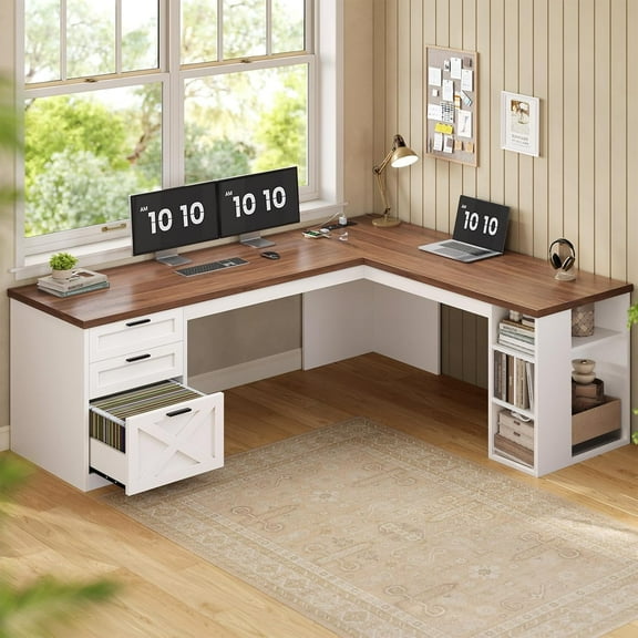 Farmhouse Desk with Storage, L Shaped Desk with Power Outlets & File Drawer, Corner Desk with Spacious Desktop & Open Shelves for Home Office, Computer Desk with 3 Drawers, White & Brown Top