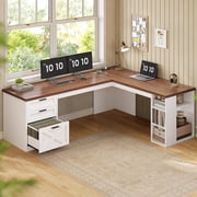 Farmhouse Desk with Storage, L Shaped Desk with Power Outlets & File Drawer, Corner Desk with Spacious Desktop & Open Shelves for Home Office, Computer Desk with 3 Drawers, White & Brown Top