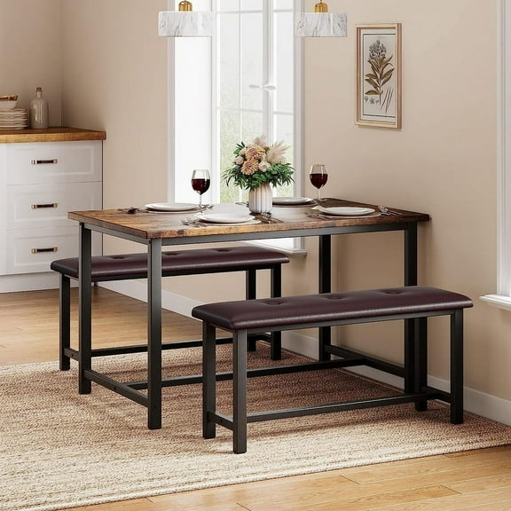 Farmhouse Dining 4 Kitchen Table Set with 2 Benches