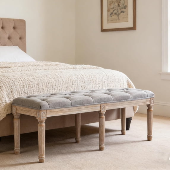 Farmhouse Dining Bench 48" Long Vintage Tufted Bench with Wood Legs Upholstered Entryway Bench Fabric End of Bed Bench for Bedroom Living Room Hallway, Grey