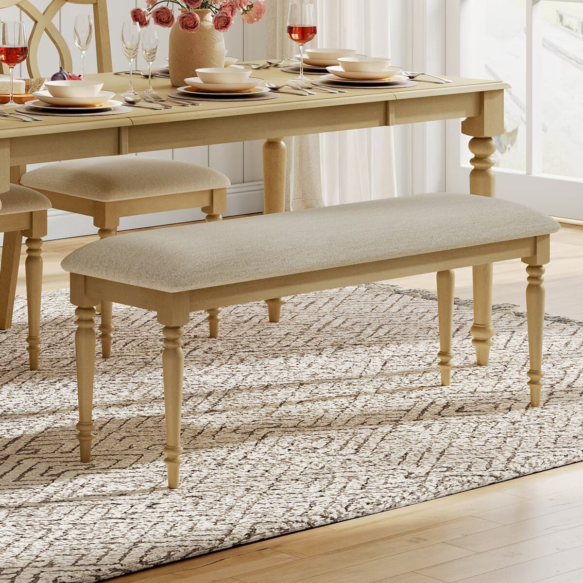 Farmhouse Dining Bench for Dining Room, Padded Bench with Rubber Wood Leg for Kithcen, 52 Inch, Oak