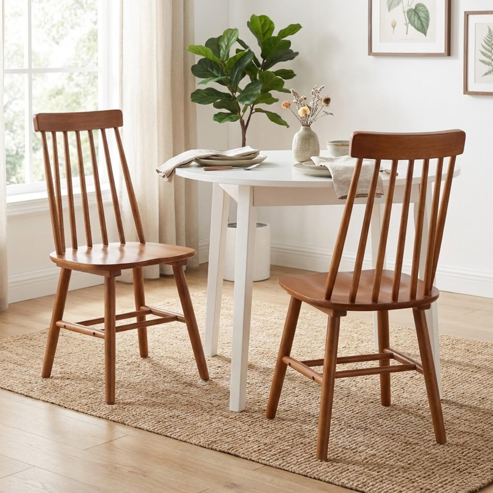 Farmhouse Dining Chairs Set of 2, Mid Century Modern Spindle Back Wooden Dining Room Chairs for Kitchen & Living Room, Walnut