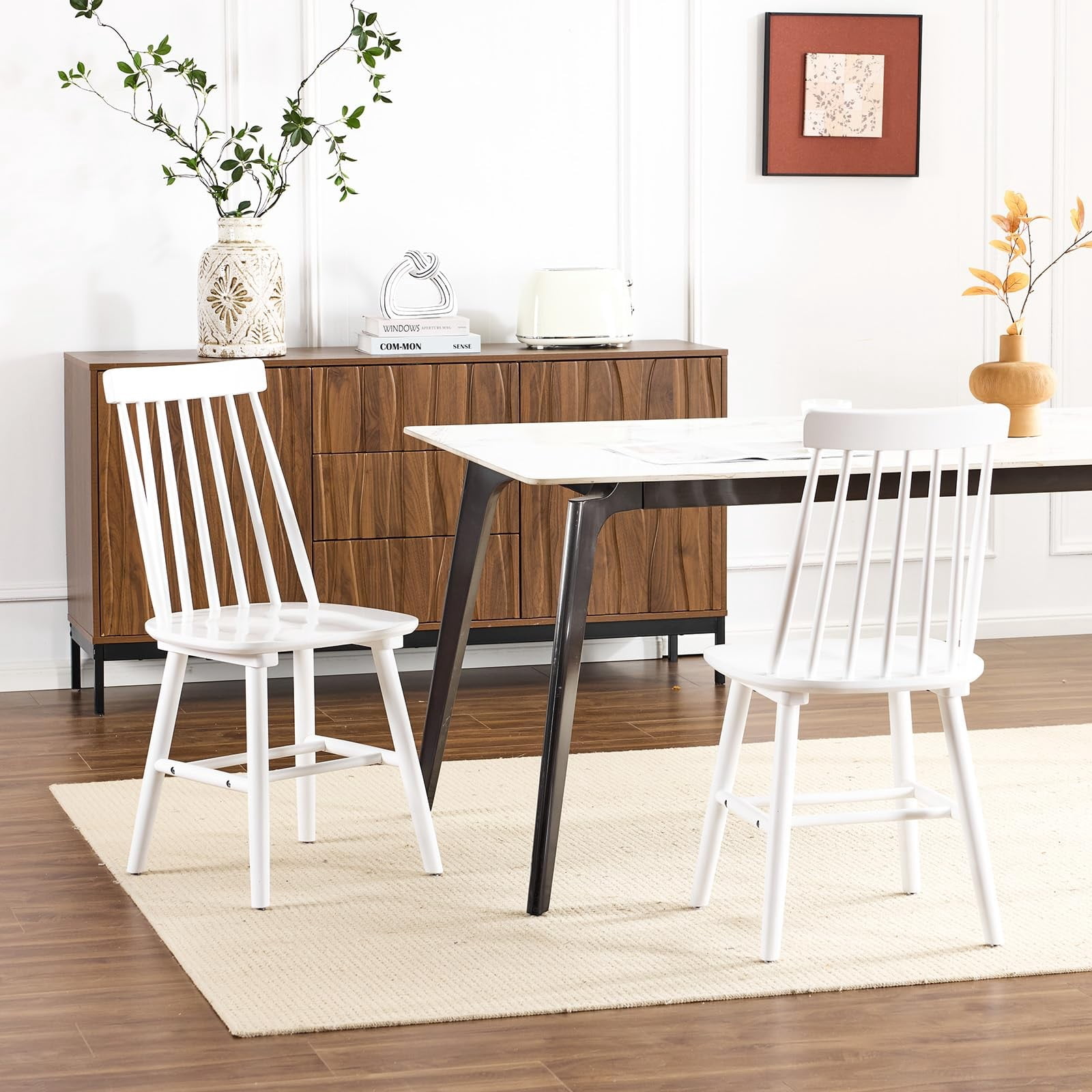 Farmhouse Dining Chairs Set of 2, Mid Century Modern Spindle Back Wooden Dining Room Chairs for Kitchen & Living Room, White
