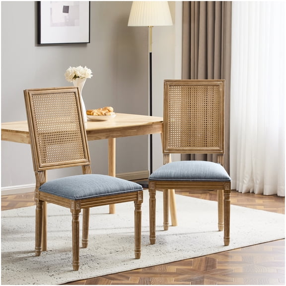 Farmhouse Dining Chairs Set of 2, Slate Blue Upholstered Cane Back Chairs, Weathered Solid Wood Frame with Fluted Legs