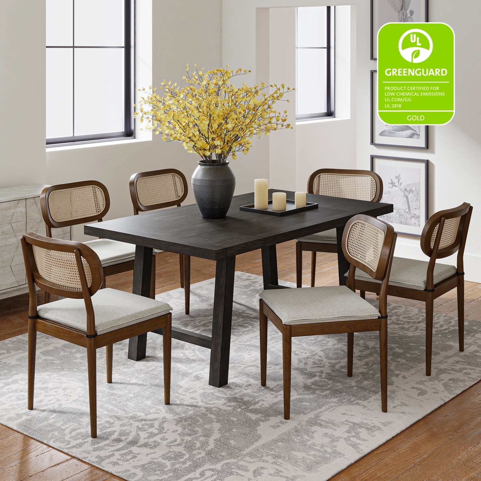 Farmhouse Dining Chairs Set of 6 Rattan Side Chairs Wood Legs Removable Cushion Home Kitchen Restaurant
