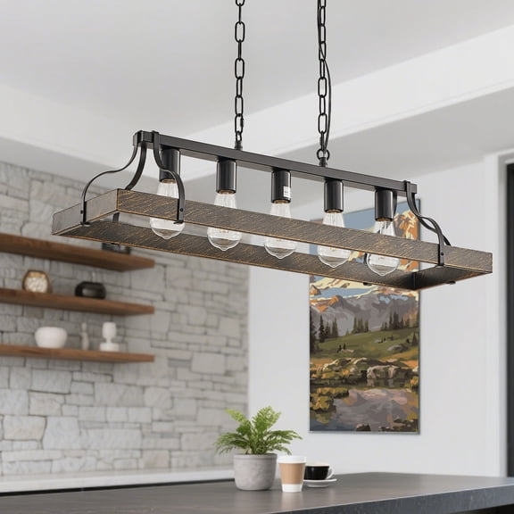 Farmhouse Dining Room Light Fixture – 5-Light Rectangular Chandelier with Adjustable Height, Rustic Linear Pendant Lighting for Kitchen Island, Bar, Office, Coffee Shop