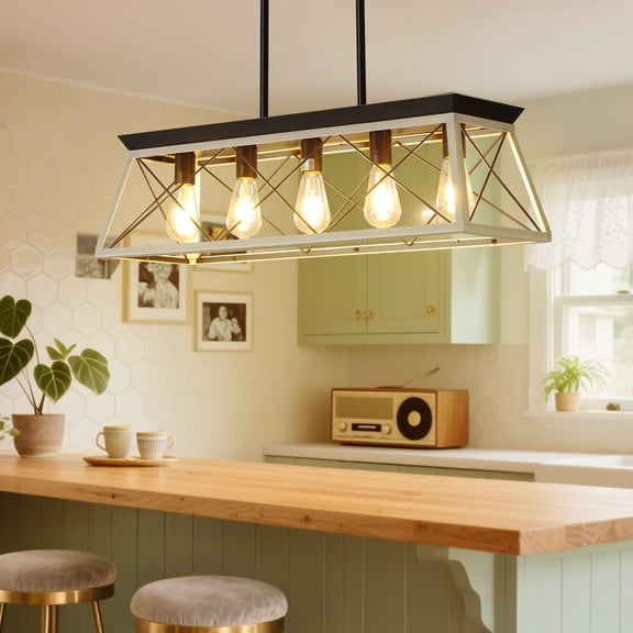 Farmhouse Dining Room Light Fixture – 5-Light Rectangular Chandelier with Adjustable Height, Rustic Linear Pendant Lighting for Kitchen Island, Bar, Office, Coffee Shop (Color: black + white)