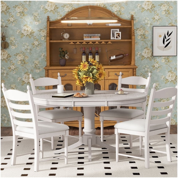 Farmhouse Dining Set 5-Piece, Antique White Round Table with Leaf and 4 Padded Chairs, Solid Rubber Wood