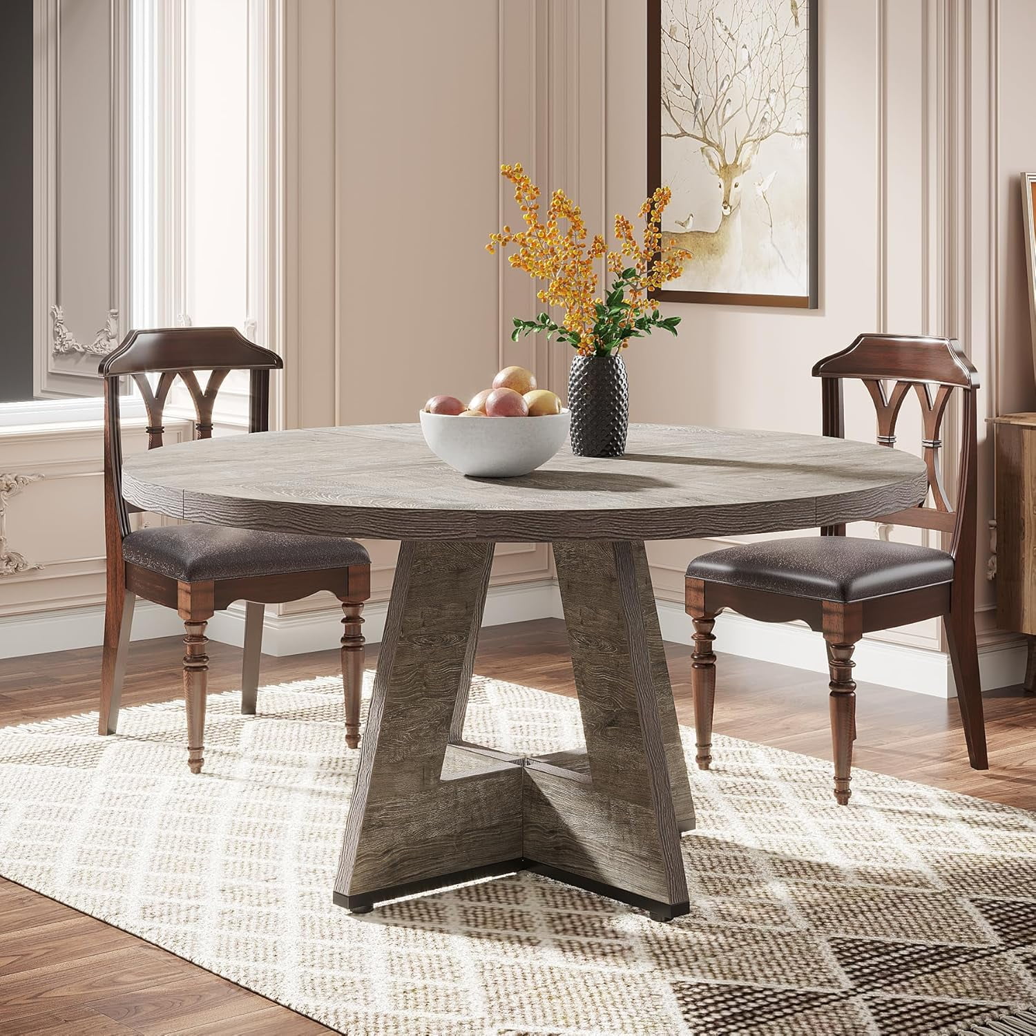 47 Inch Round Gray Farmhouse Wood Dining Table for Four