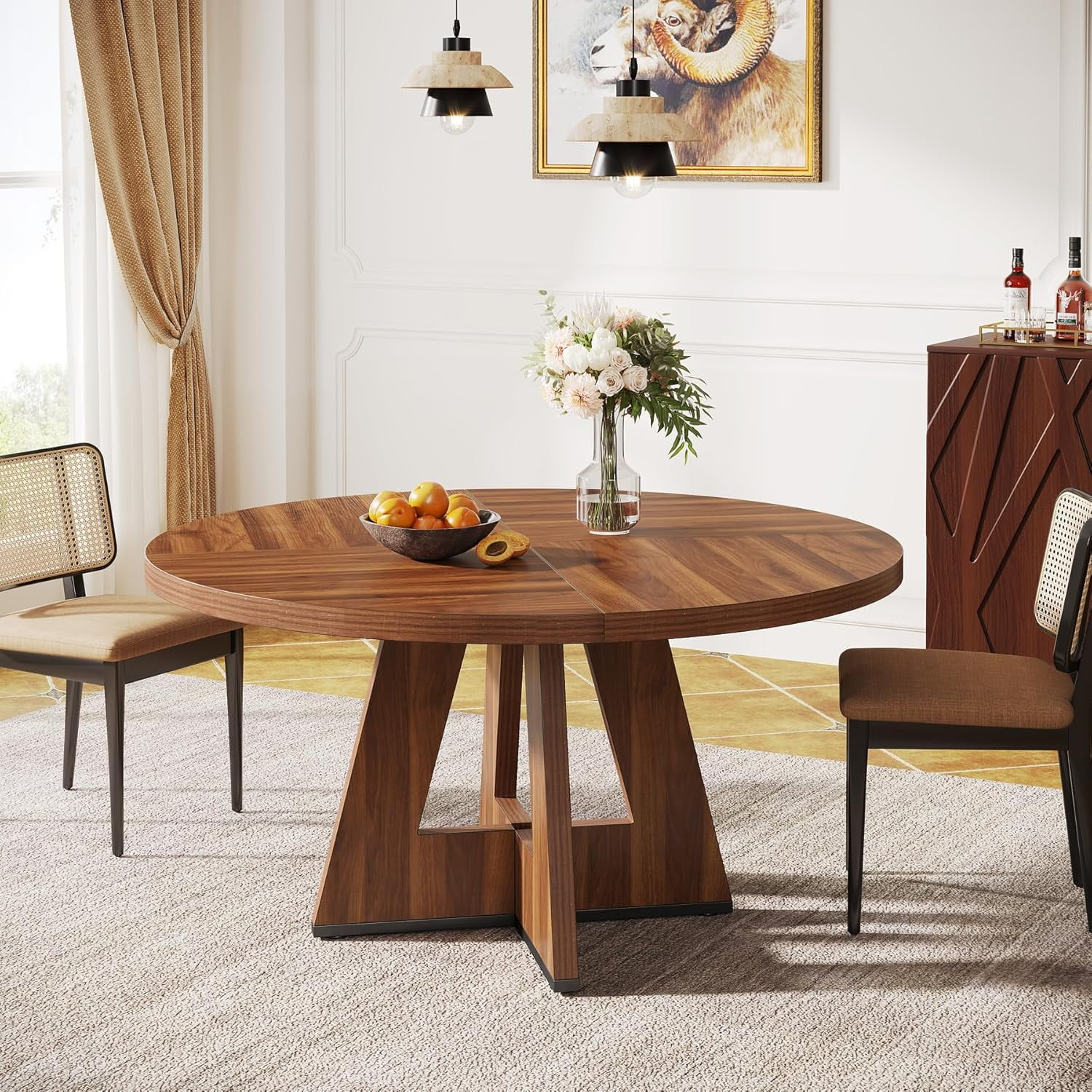 47'' Round Brown Wood Dining Table for Four