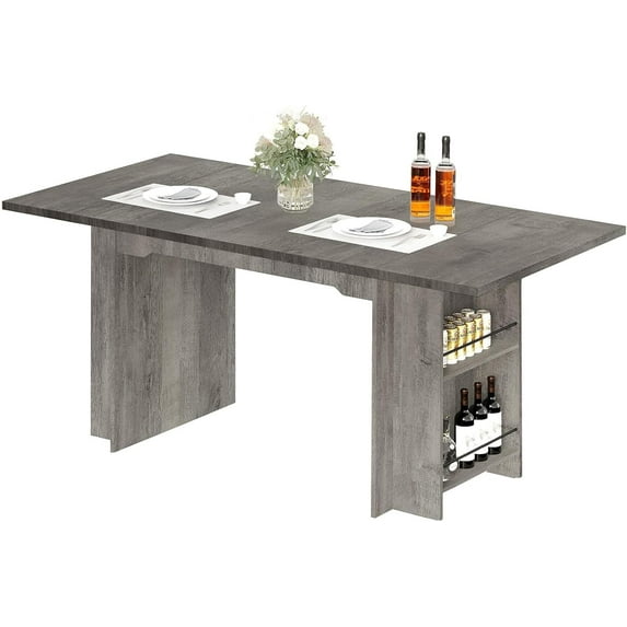Farmhouse Dining Table for 6, 63 Inch Solid Wood Rustic Rectangle Kitchen Table with 4 Storage Shelves, Home Furniture Dining Table with Wood Pedestal Base for Dining Room, Kitchen and Office, Grey