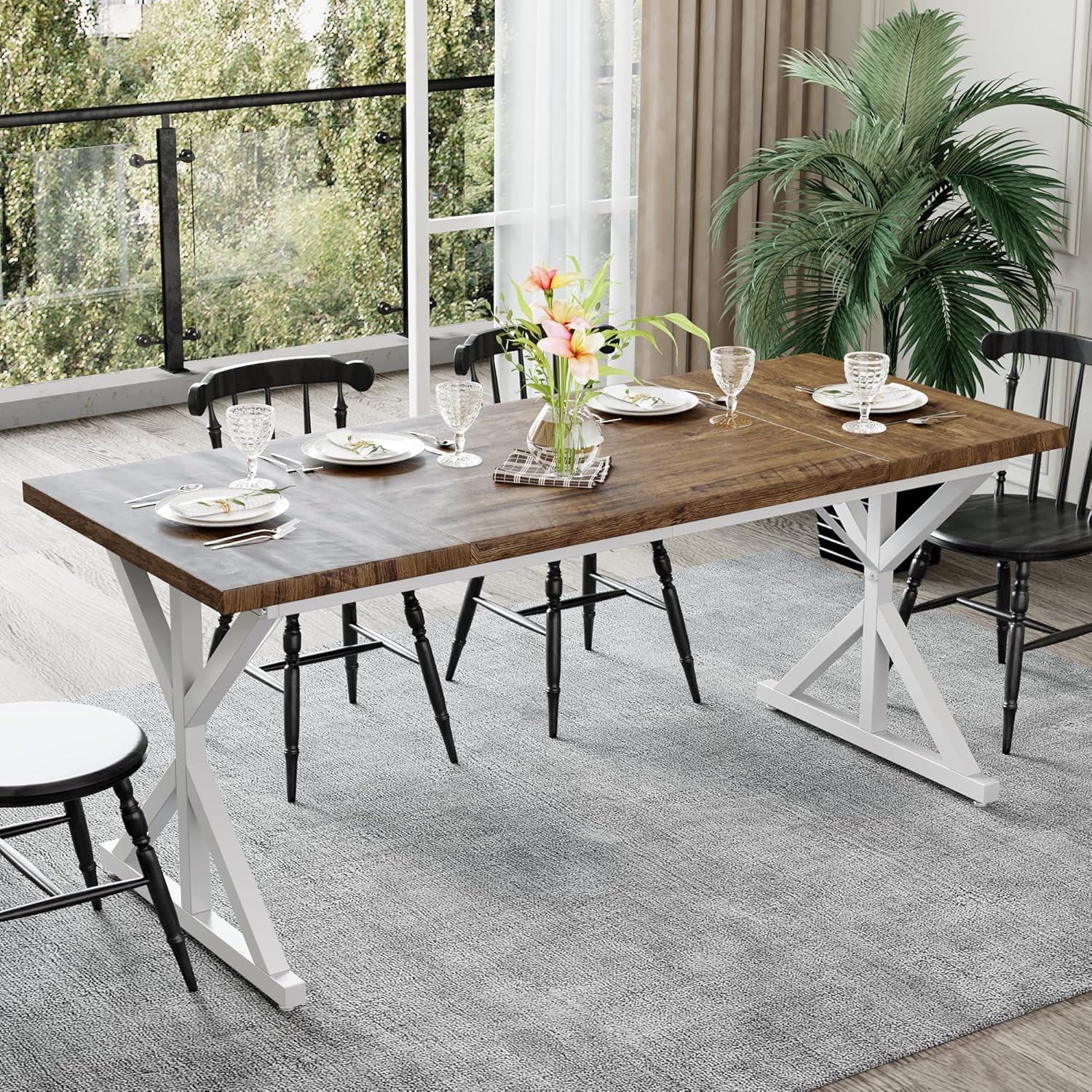 Farmhouse Dining Table for 6-8 People, 70.8 Inch Rectangular Wood ...