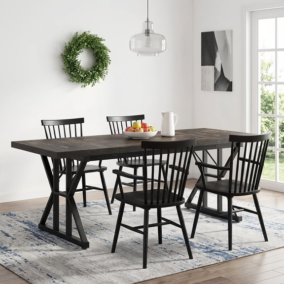 Farmhouse Dining Table For 6 People, 70.8-Inch Rectangular Rustic Wood Table With Heavy Duty Metal Legs, Multifunctional Kitchen Table For Dining Room (Black)