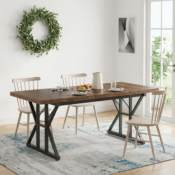 Farmhouse Dining Table For 6 People, 70.8-Inch Rectangular Rustic Wood Table With Heavy Duty Metal Legs, Multifunctional Kitchen Table For Dining Room (Brown&Black)