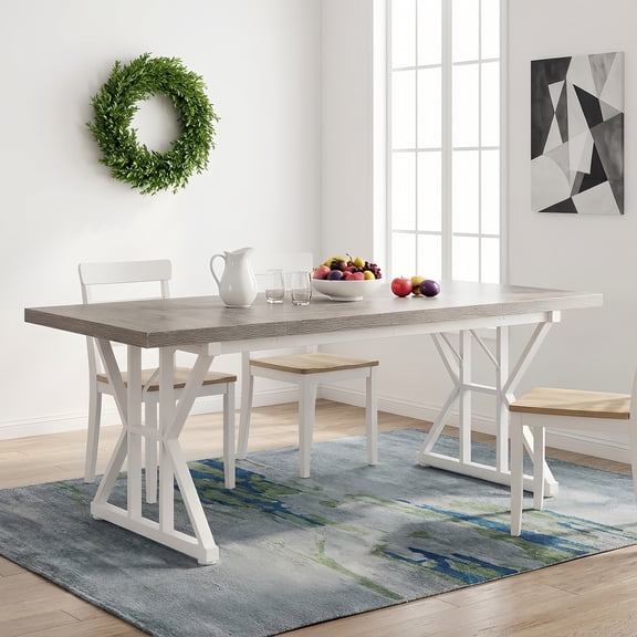 Farmhouse Dining Table For 6 People, 70.8-Inch Rectangular Rustic Wood Table With Heavy Duty Metal Legs, Multifunctional Kitchen Table For Dining Room (Grey&White)