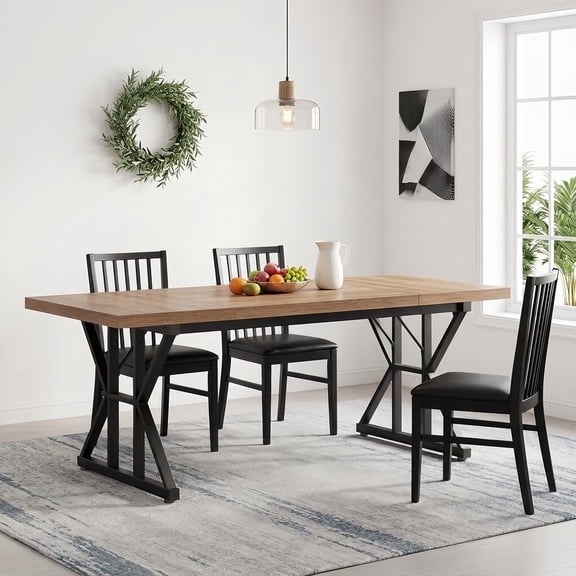 Farmhouse Dining Table For 6 People, 70.8-Inch Rectangular Rustic Wood Table With Heavy Duty Metal Legs, Multifunctional Kitchen Table For Dining Room (Light Brown&Black)