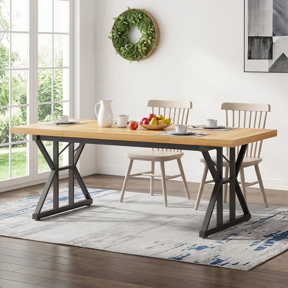 Farmhouse Dining Table For 6 People, 70.8-Inch Rectangular Rustic Wood Table With Heavy Duty Metal Legs, Multifunctional Kitchen Table For Dining Room (Light Walnut&Black)