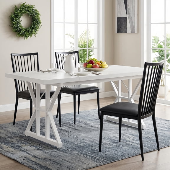 Farmhouse Dining Table For 6 People, 70.8-Inch Rectangular Rustic Wood Table With Heavy Duty Metal Legs, Multifunctional Kitchen Table For Dining Room (White)