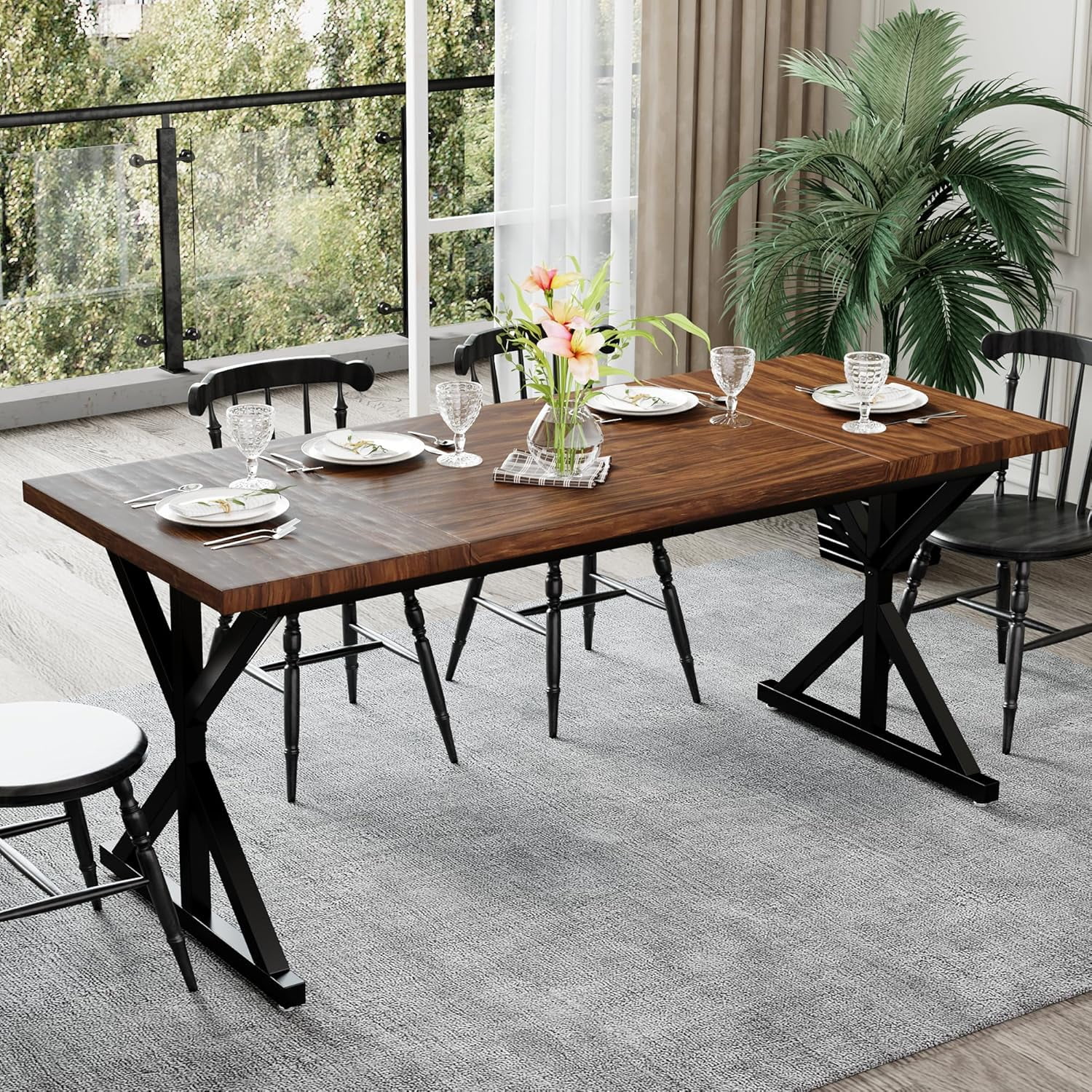 Farmhouse Dining Table for 6 People, 70.8 Inch Rectangular Wood Dining ...
