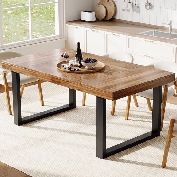 Farmhouse Dining Table 71", Rustic Kitchen Table for 6-8, Walnut Rectangular Dining Room Table, Heavy Duty Metal Frame & 2" Thick Legs, Sturdy Wood Top,for Dining Room Kitchen Living Room