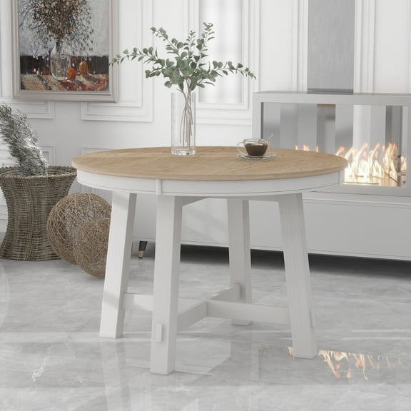 Farmhouse Dining Table, Round Extendable Dining Table with 16” Leaf, Wood Dining Table For Dining Room, Living Room, Kitchen, Oak Natural Wood + Antique White.
